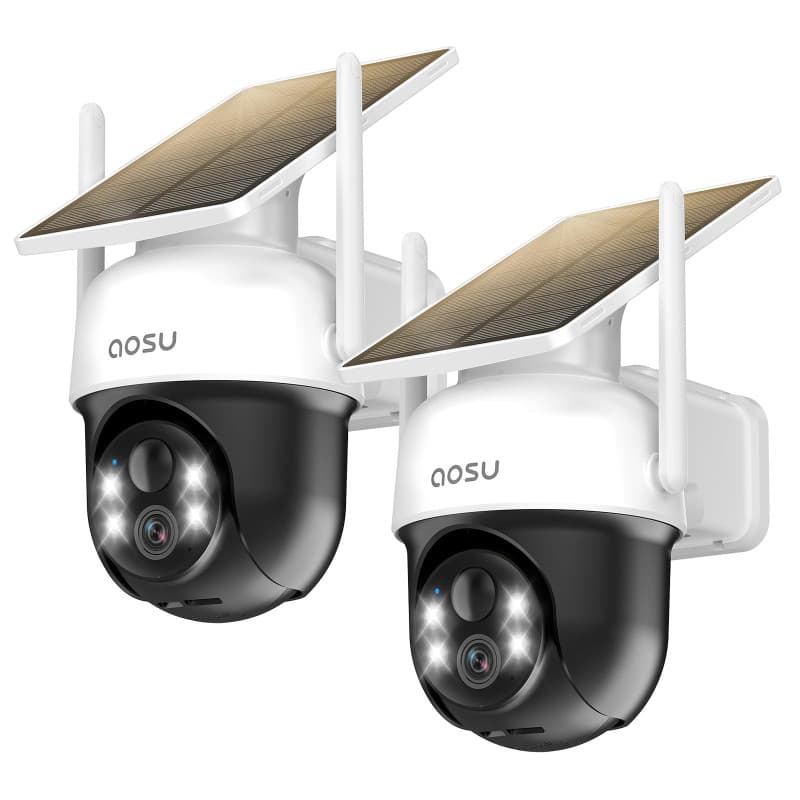AOSU 2 Paquets 2K Camera Surveillance WiFi Exterieure sans Fil Camera Solaire WiFi Exterieur, 3MP 360°Panoramique PTZ, Vision Vo