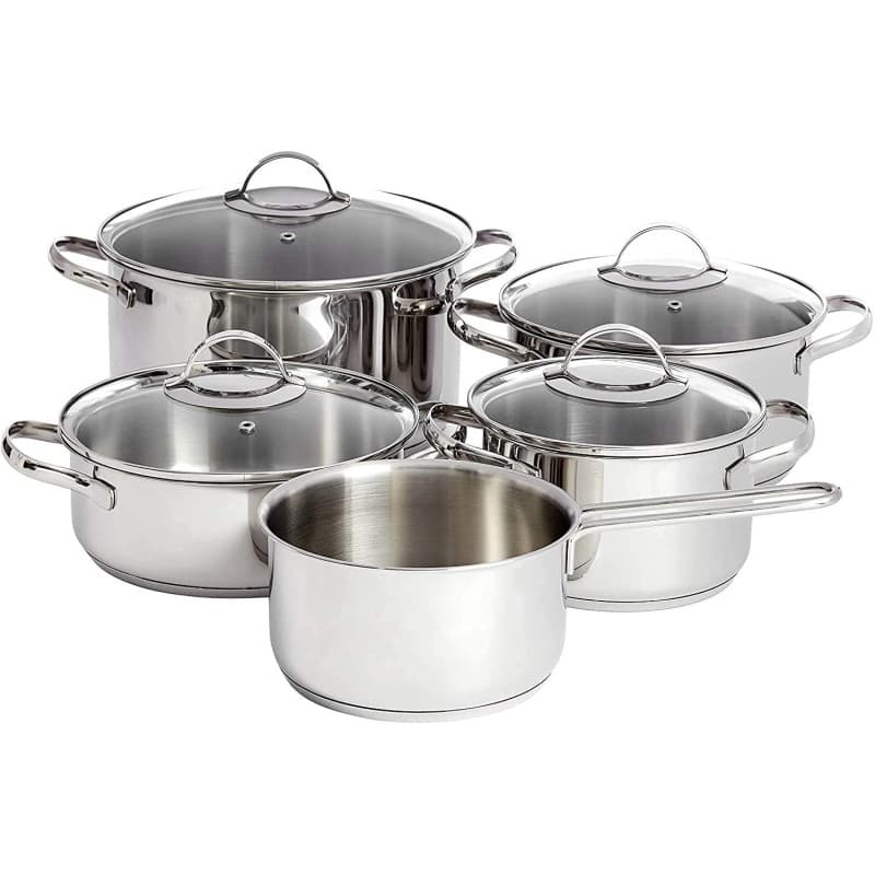 Amazon Basics Batterie de Cuisine à Induction en Acier Inoxydable, 9 Pièces, Casserole avec Couvercle, Cocotte
