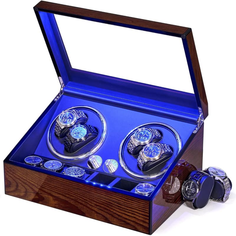 BEWISHOME Remontoir de Montre Automatique, Rotate Remontoir à Montres avec lumière LED, 4 Remontoirs avec Moteur Silencieux et 6