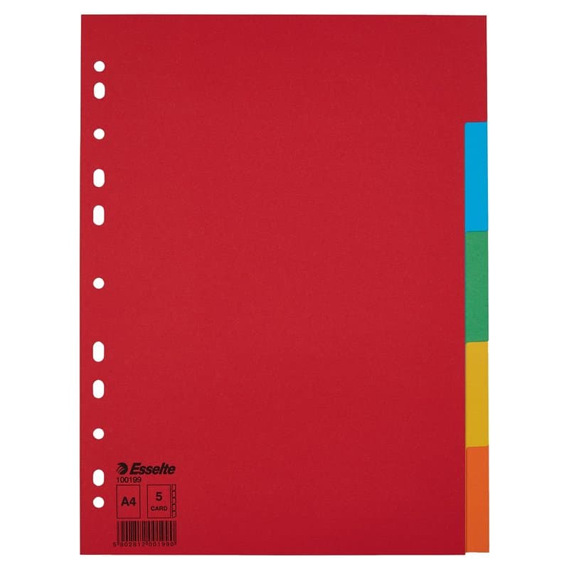 Esselte 100199 Lot de 20 intercalaires A4 avec onglets Rouge/multicolore Carton recyclé