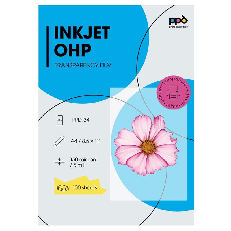 PPD A4 X 100 Films Transparents pour Rétroprojecteur, Impression Jet d'Encre, 10 Feuilles OHP Premium, Noirs Profonds, PPD-34-10