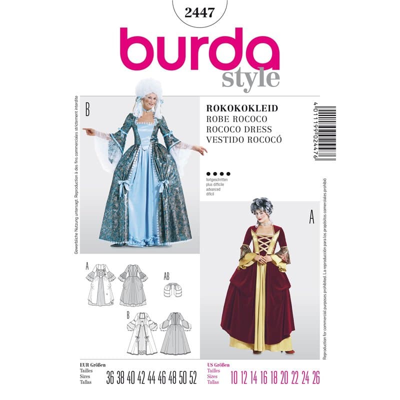 Burda B2447 Patron de Couture Robe Rococo 19 x 13 cm, 36-52, BLANC
