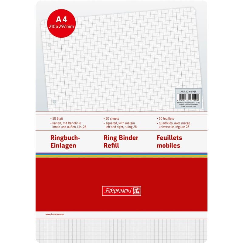 Brunnen 1066928 Lot de 50 feuillets mobiles A4 petits carreaux avec marges Réglure 28 70 g/m²