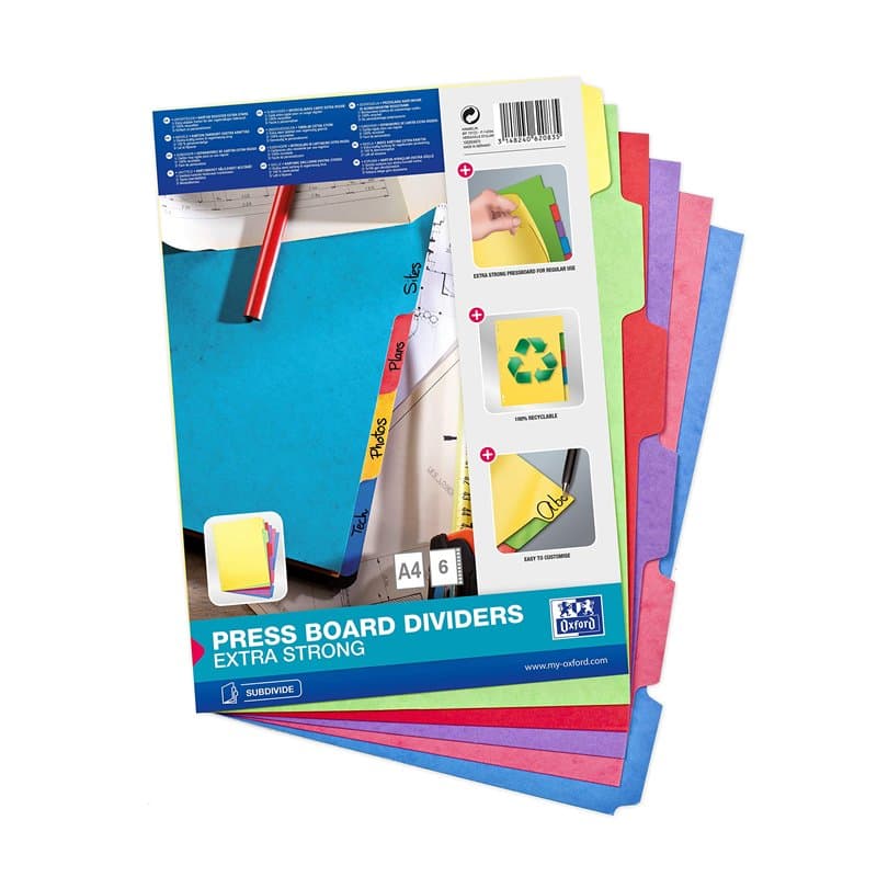 Oxford Intercalaires Neutres 6 Positions Format A4 Carte Lustrée 450G Assorti