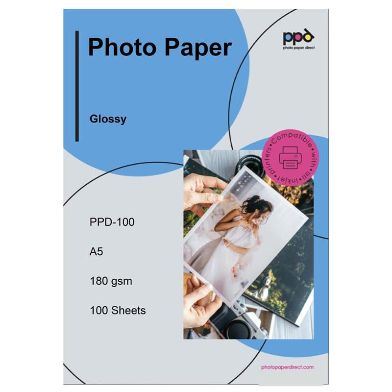 PPD 100 Feuilles x A5 Papier Photo Brillant, 180g, Impression Jet d'Encre, Haute Brillance, Séchage Instantané, Alimentation Fac