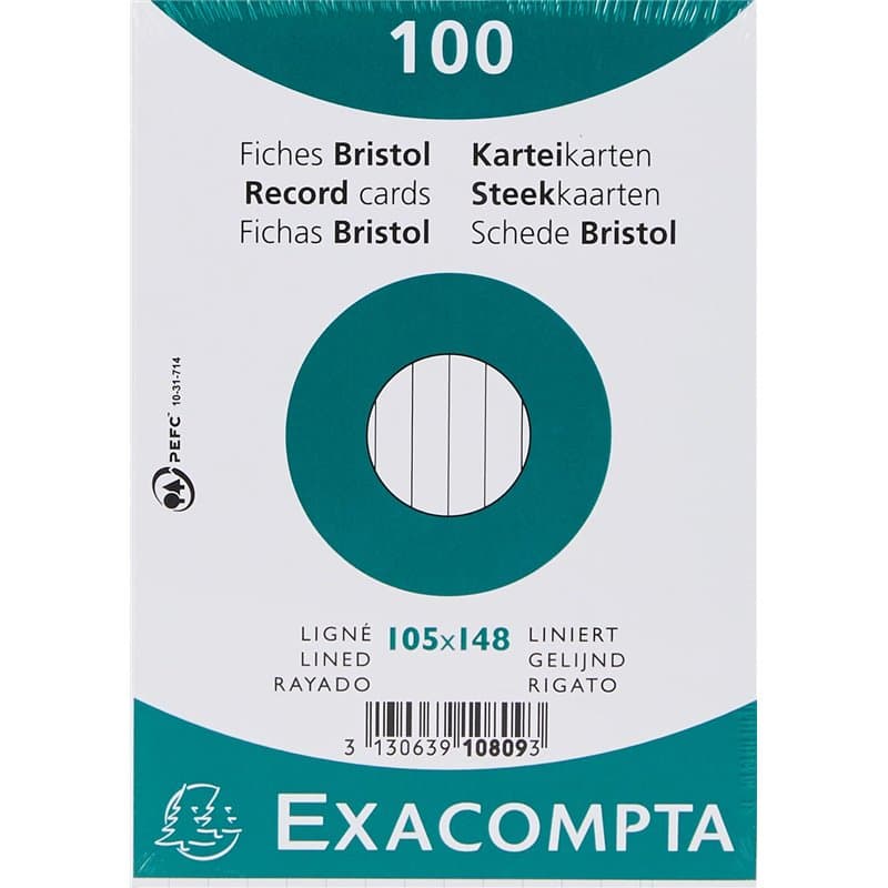 Exacompta - Réf. 10809SE - Paquet de 100 fiches bristol lignées non perforées - sous film - compatibles avec imprimante jet d'en