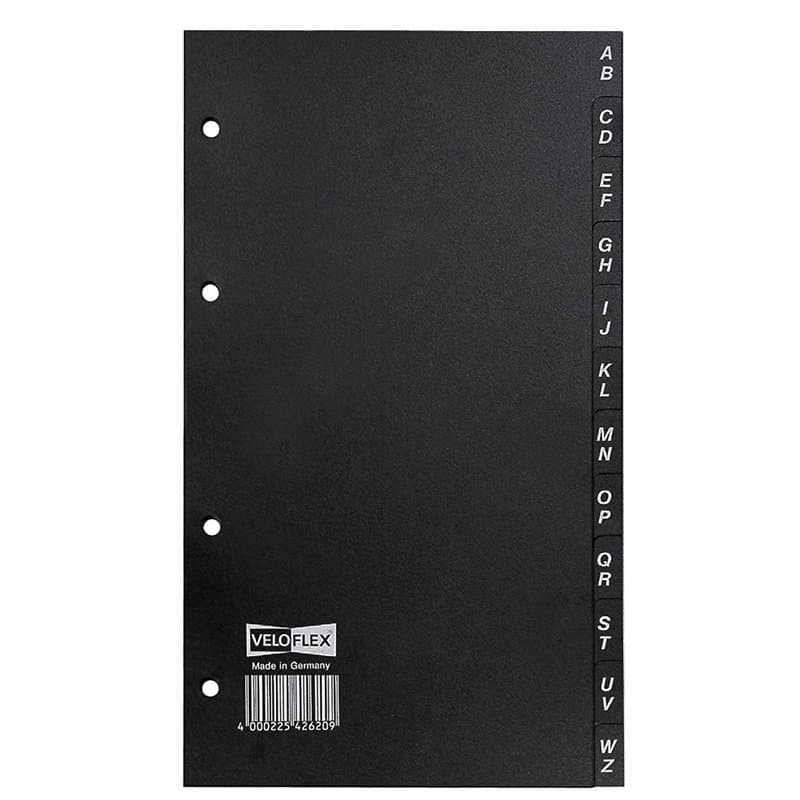 VELOFLEX 4262000 Intercalaires DIN A5 en PVC rigide pour cartes de visite et répertoire téléphonique 12 pièces A-Z Noir