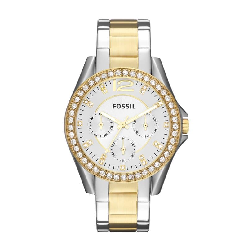 Fossil Montre pour femmes Riley, mouvement quartz multifonctions, 38mm 2T Boîtier en acier inoxydable argenté/doré avec bracelet