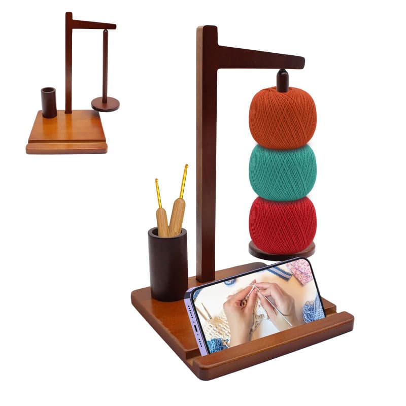 Support Pelote de Laine en Bois, Dévidoir de Laine avec Porte-Téléphone, Support Magnétique Multifonction pour Laine, Dérouleur