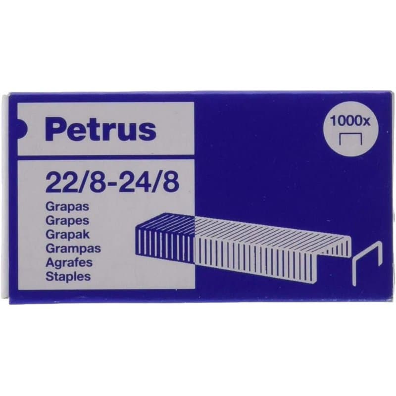 Petrus agrafes, Pour agrafer jusqu'à 40 feuilles, long de 8 mm, 1000 agrafes, Modèle 22/8-24/8, 55714