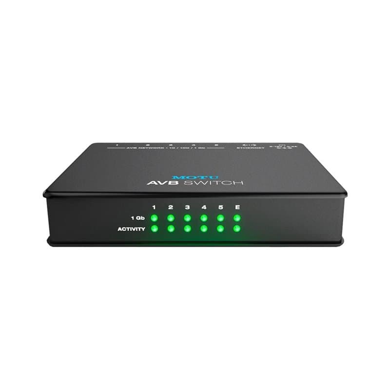 Switch Ethernet pour Réseaux AVB MOTU Switch AVB, 5 Ports Gigabit, Latence Ultra-Faible, Conception Rackable. Permet de relier p