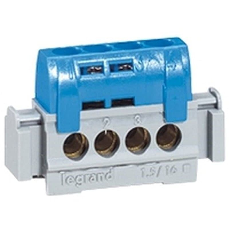 Legrand 004840 Bornier de Répartition Isolé IP2X Neutre, 4 Connexions, 1.5mm² à 16mm², 75mm Longueur, Bleu