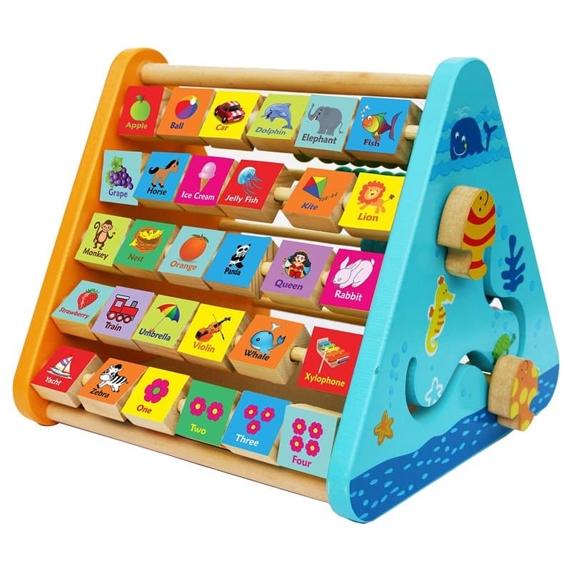 TOWO Centre activité bébé multijeux Montessori - Triangle activité en bois - Boulier, Alphabet , labyrinthe, Horloge - Cadeau en