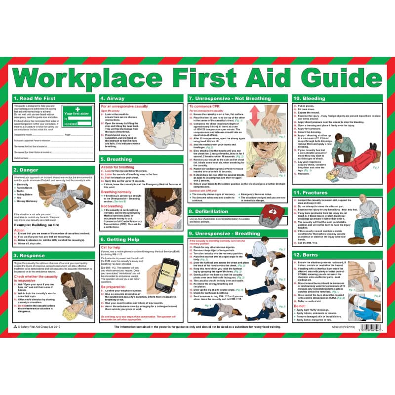 Safety First Aid, Affiche plastifiée, instructions de premiers secours sur le lieu de travail (français non garanti)
