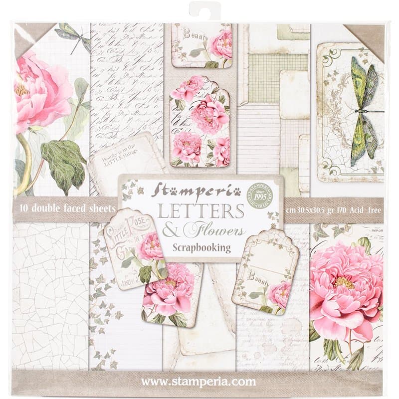 Stamperia Bloc Papier Scrap double Face 10 feuilles 30,5x30,5 (12"x12") - Lettres et fleurs rose, vert. SBBL22