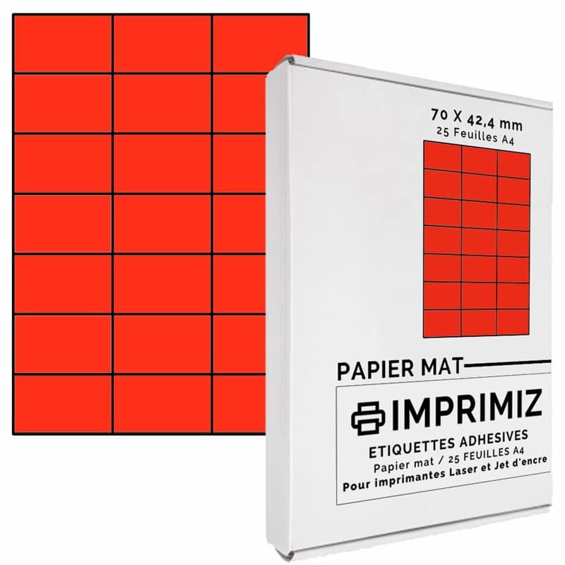 525 étiquettes autocollantes Rouge fluo de 70 X 42 mm - 21 étiquettes/feuille - 25 planches papier A4 adhésif couleur - pour imp