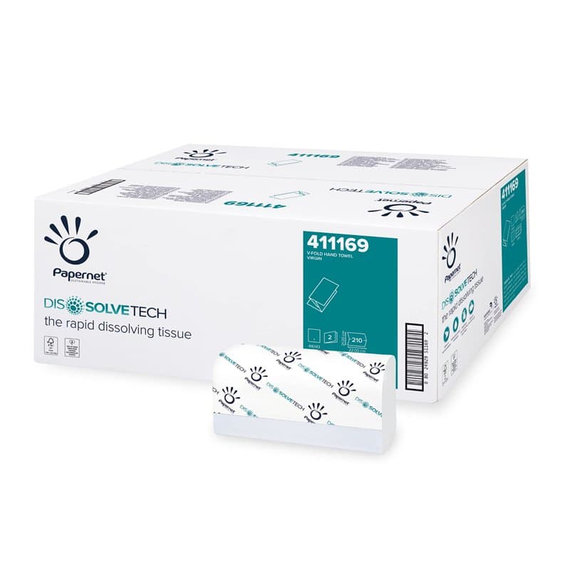 Papernet Dissolve Tech - Essuie-mains Pliée en V 411169, 3150 Serviettes Jetables en Papier, 2 Plis, Dimensions Ouvertes 22x21 c