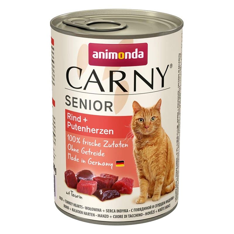 Nourriture pour chat Carny Senior, nourriture humide pour chat à partir de 7 ans, bœuf + cœurs de dinde, 6 x 400 g