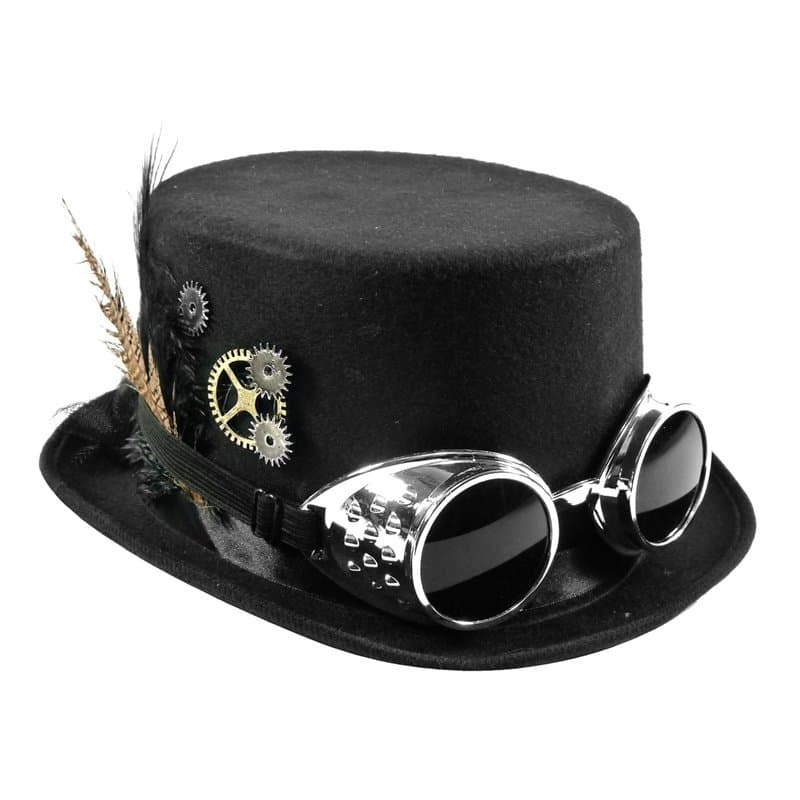 TrendandStylez Chapeau cylindrique Steampunk noir avec lunettes amovibles, engrenages et plumes pour JGA, fête à thème, carnaval