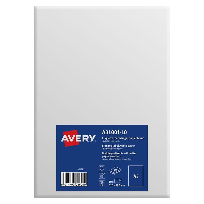 Avery A3L001-10 Pack de 10 Etiquettes d'affichage Amovible A3 420 x 297 mm Blanc