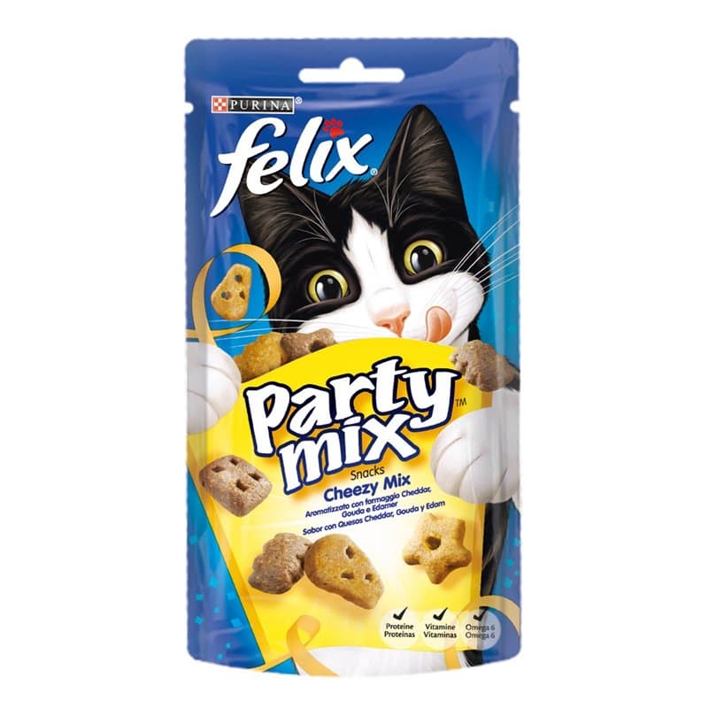 Purina Felix Party Mix Snack Chat Cheezy Mix avec Fromage Cheddar, Gouda et Edamer, 8 boîtes de 60 g