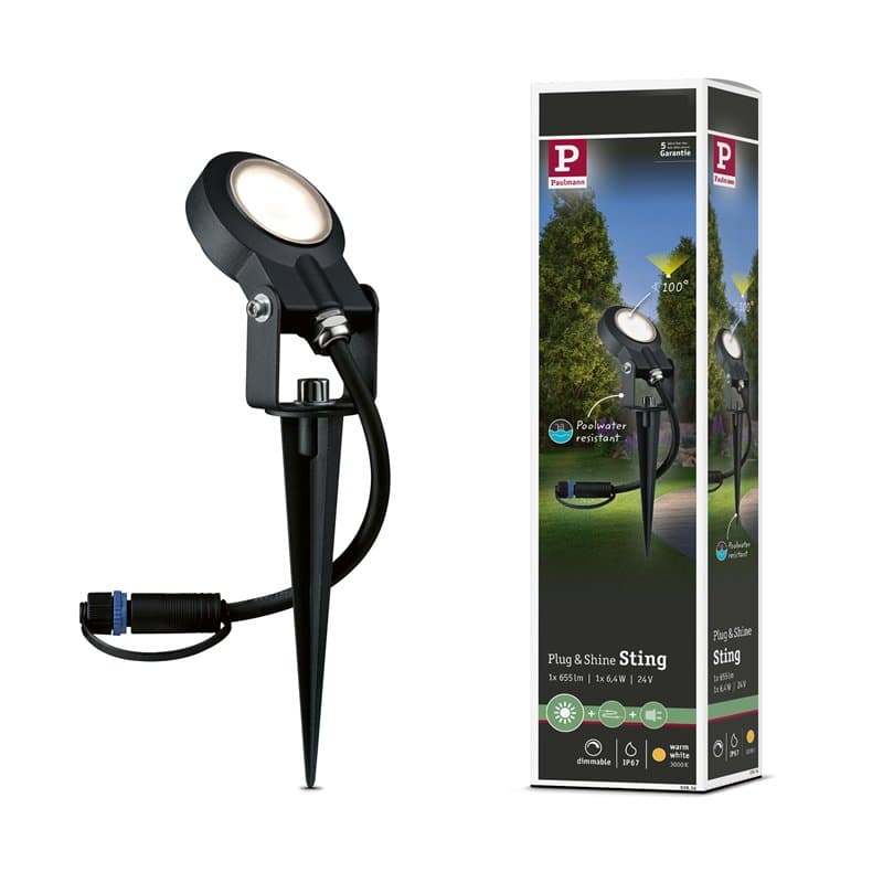 Paulmann 93934 Outdoor Plug&Shine Spot Sting LED, IP67, 520lm, 3000K, 6W, 24V, Anthracite, Alu