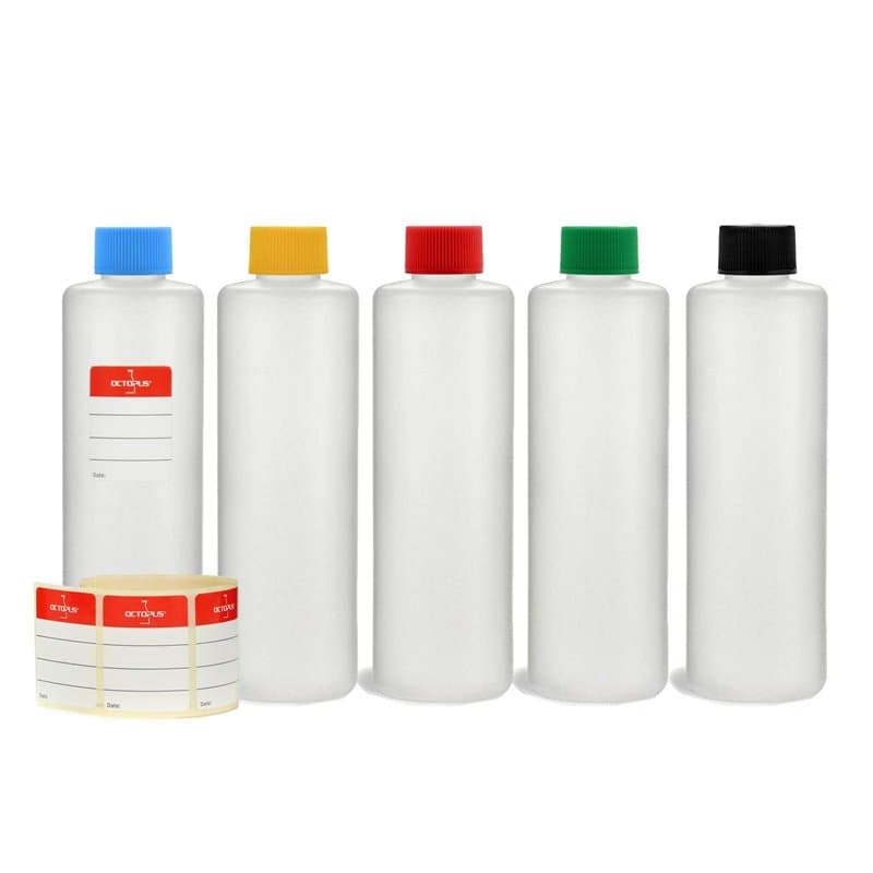 Octopus Bouteilles en plastique 5x 250 ml, bouteilles en plastique PE-HD avec bouchon à vis de couleur vive,rond bouteilles vide