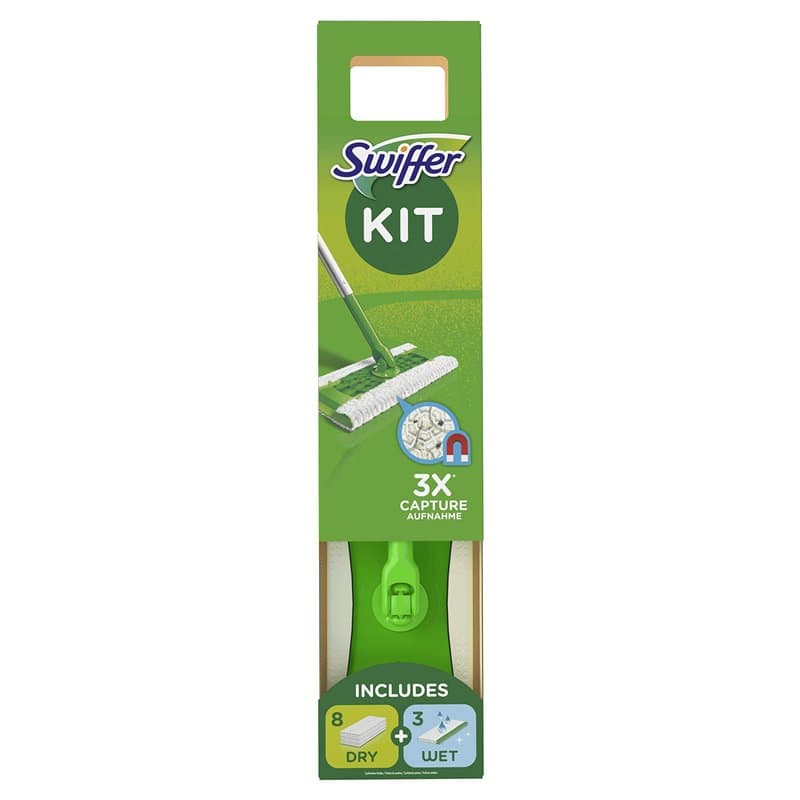Swiffer Balai Attrape-Poussière, Kit complet 1 Balai + 8 Lingettes Sèches + 3 Lingettes Humides