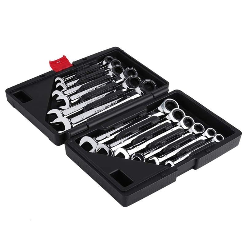 12 Pièces Clés Plates à Cliquet, Cles à Fourches en Acier au Chrome Vanadium 8-19mm, Bricolage Jeu de Clefs Mixtes Outils avec V