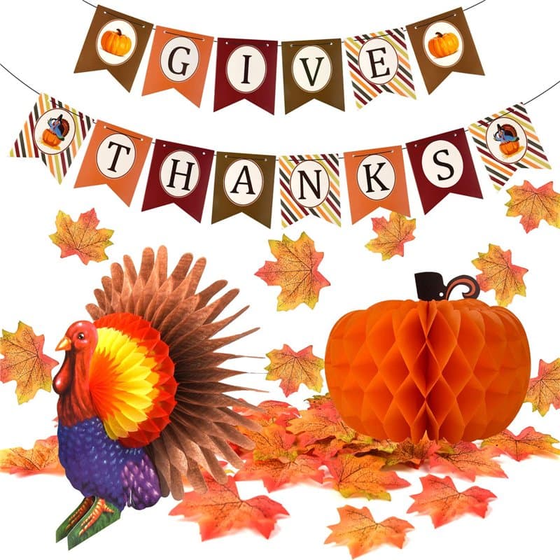 FEPITO Donner Merci Bannière avec Papier Coloré Citrouille De Dinde Artificielle Feuilles D'érable Décoration Kit Total 203 PCS