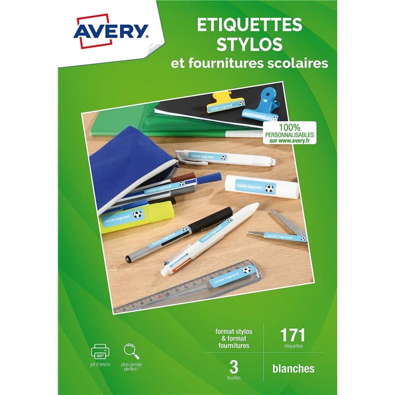 Avery J8110-3 Lot de 171 Etiquettes imprimables pour stylos/fournitures scolaires