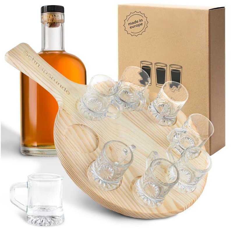 Smart-Planet Planche à liqueur avec 8 verres à shot comme mini pichet à bière, ronde en bois de hêtre – Verres à liqueur sur pla
