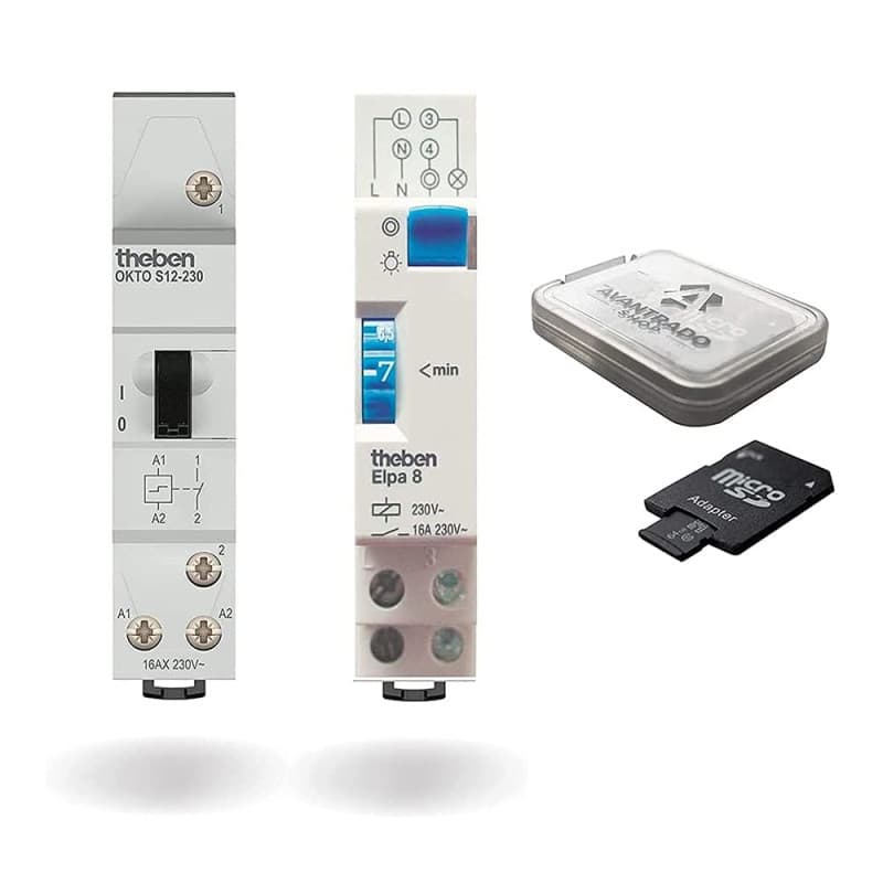 Paquet combiné – Theben Okto S12-230 (3120120) Télérupteur + ELPA 8 (0080804) Minuterie d'escalier électromécanique + Carte Micr