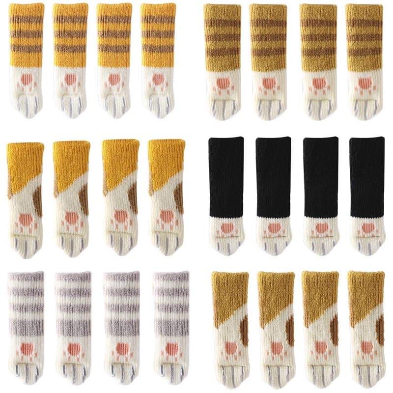 24PCS Chaussettes de Chaise tricoté avec Chat Mignon Pattes Design 6 Motifs Meubles Jambe Caps Anti Scratch Anti-Bruit Chaise Ja