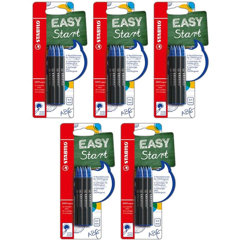 STABILO EASYoriginal Lot de 5 paquets de 6 cartouches d'encre à remplir, taille moyenne, encre bleue (effaçable)