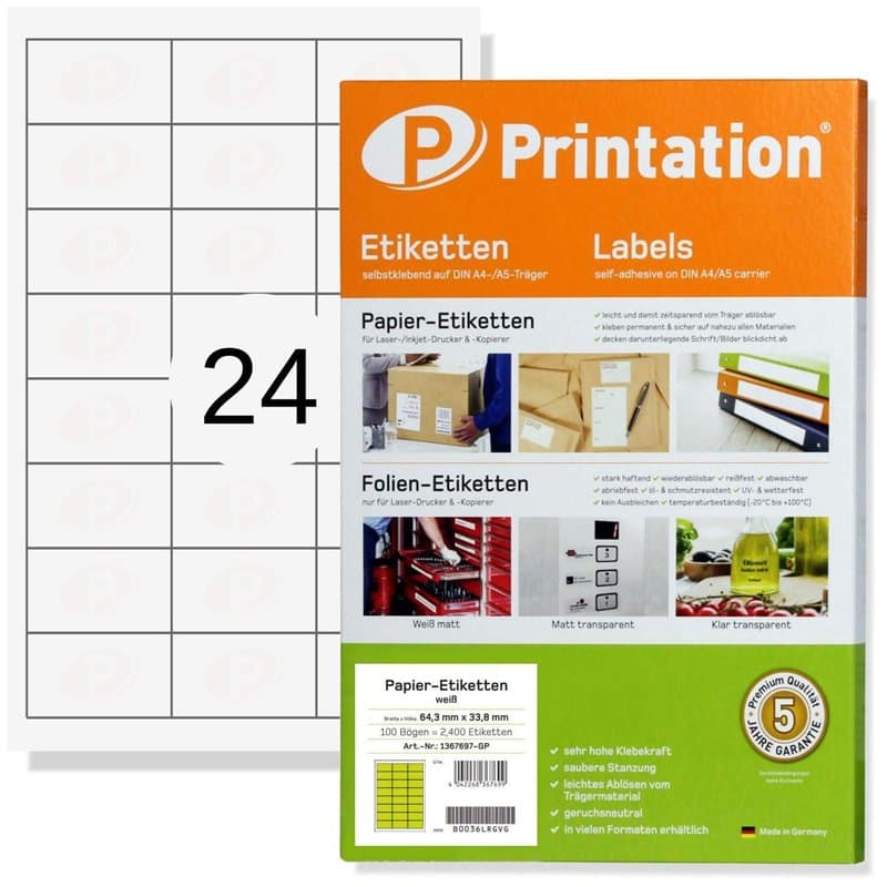 Printation Étiquettes Autocollantes 64,6 x 33,8 mm, 600 Étiquettes d'Adresse, 24 Par Feuille A4, 25 Feuilles Blanches, Imprimabl