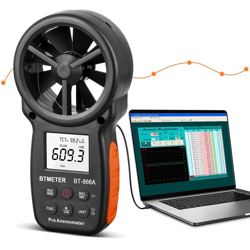 BTMETER HVAC Anémomètre CFM mètre BT-866A à main Numérique Compteur de Vitesse du vent pour 0,3 ~ 40 m/s, Temp, flux d'air, humi