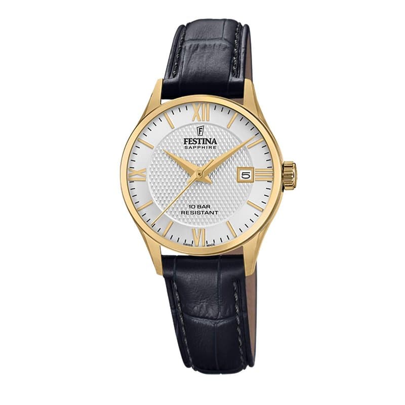 Festina Montre pour Femme F20011/1 Swiss Made Boîtier en Acier Inoxydable Doré Bracelet en Cuir Noir