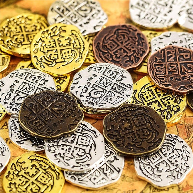 35 Pièces Pièces de Pirate en Métal Espanol Pièce de Trésor de Pirate Répliques Doubloon pour Décorations de Fête, Bronze, Bronz