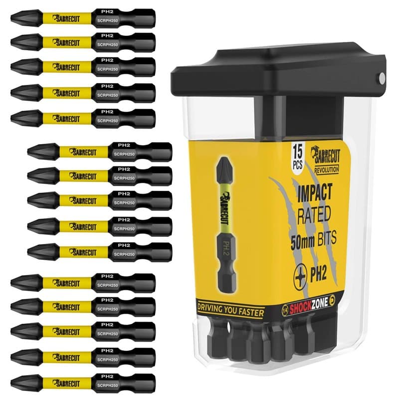 15 x SabreCut SCRPH25015B Embouts de tournevis à percussion magnétique PH2 50 mm dans une boîte TIC TAC Phillips à extrémité uni
