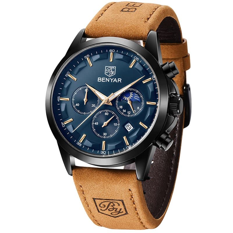 BENYAR Montre Homme Chronographe 30M Etanche Lumineuse Classique Mode Montres Bracelet en Cuir Grand Cadran Date Analogique Quar