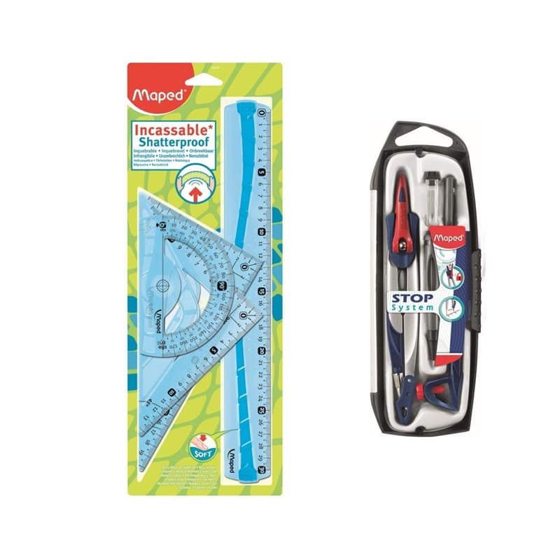 MAPED Kit de Traçage 4 Pièces avec Règle 30cm, Rapporteur 180°/12cm, Equerre 60°/21cm, Equerre 45°/21cm + Compas 5 Pièces Stop S
