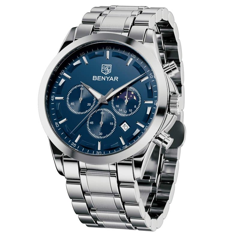 BENYAR Montre Homme Chronographe 30M Etanche Lumineuse Classique Mode Montres Bracelet en Acier Inoxydable Grand Cadran Date Ana