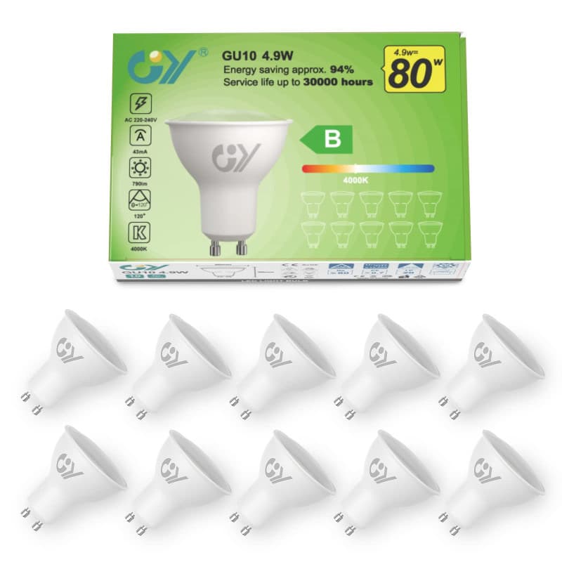 GY Ampoules LED GU10 4.9W Equivalent 80W, 790LM 4000K Blanc Neutre, Angle de Lumière 120°, Ampoule GU10 Led Efficacité Energétiq