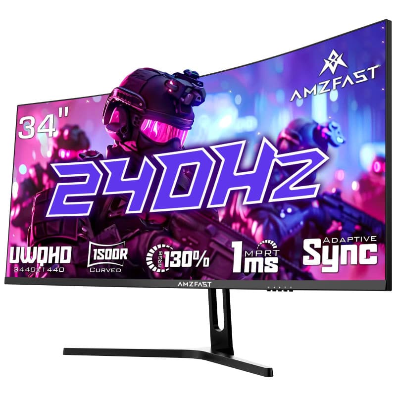 Amzfast Ecran Pc Gamer Incurvé 34 Pouces, 240Hz, UWQHD 3440x1440 (21:9), 1 ms MPRT, Eyes Care, sRGB 130%, Adaptive Sync, HDR, HD