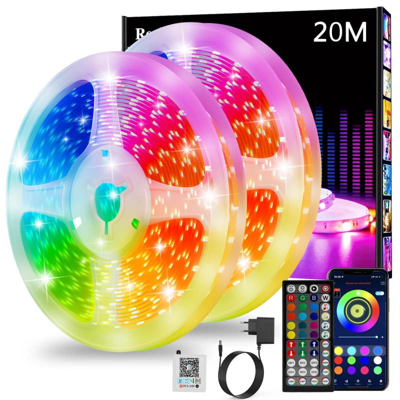 Ruban Led 20m, Led Chambre, Bande Led Lumineuse Contrôlé par APP Bluetooth ou Télécommande 44 Touches, Synchroniser avec Rythme
