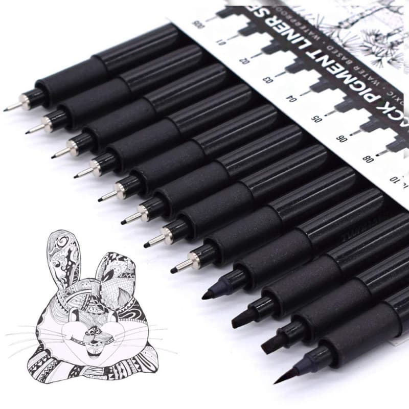 TWOHANDS Stylo Noir Pointe Fine,12 Stylos à encre Fineliner,Feutres Dessin,Stylo feutre Pour Le Dessin Technique d'Illustration