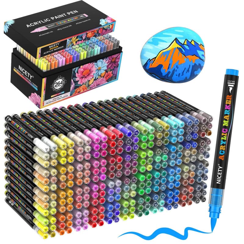 NICETY Set de 264 Feutres Acryliques à Pointe Pinceau - Marqueurs Peinture à l'Eau Multi-Supports pour Pierre, Bois, Céramique,