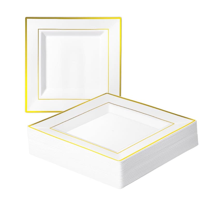 MATANA 20 Assiettes Carrées en Plastique Blanches avec Bordure Dorée, 24cm - Solides et Réutilisables - pour Anniversaires, Mari