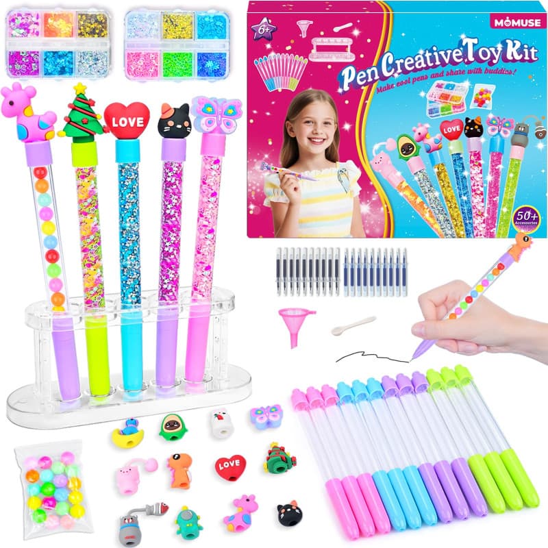 MOMUSE Fabrique a Stylo 50 Accessoires, Atelier des Stylos Personnalisé, Kit Loisir Creatif Enfant, Idée Cadeau Fille 6 Ans, Act